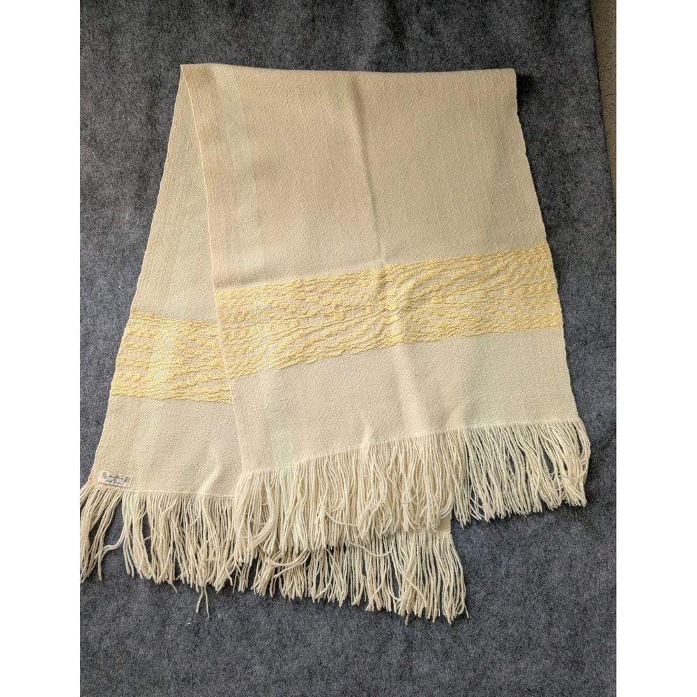 VTG Hand woven Scarf Stol Wrap Fringe Ivory 20x51